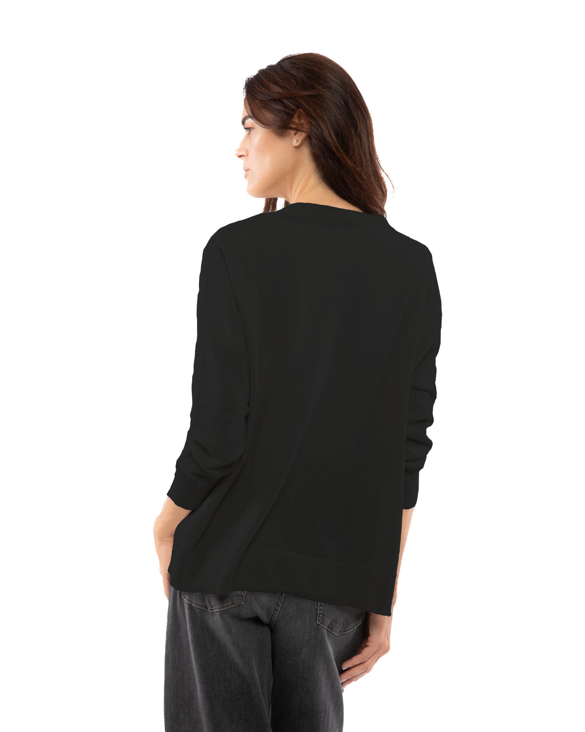 Women's cashmere oversized cardigan in Black, back view on model