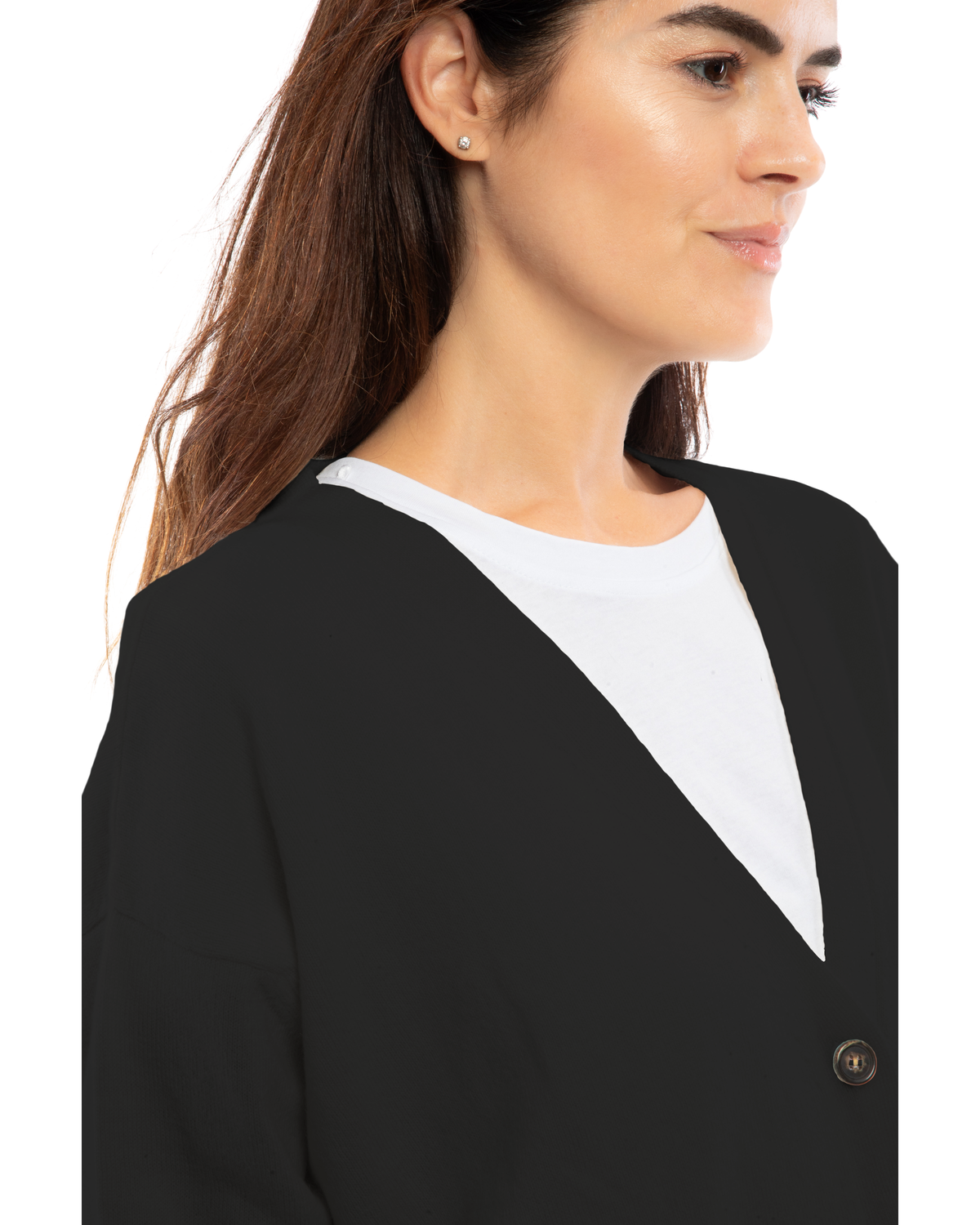 Women's cashmere oversized cardigan in Black, close-up of the V neckline and button front