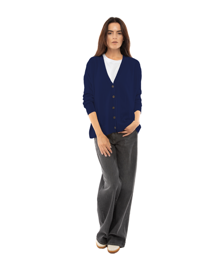 Women's cashmere oversized cardigan in Blue, full-length front view on model