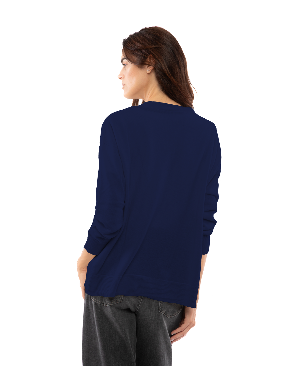 Women's cashmere oversized cardigan in Blue, back view on model