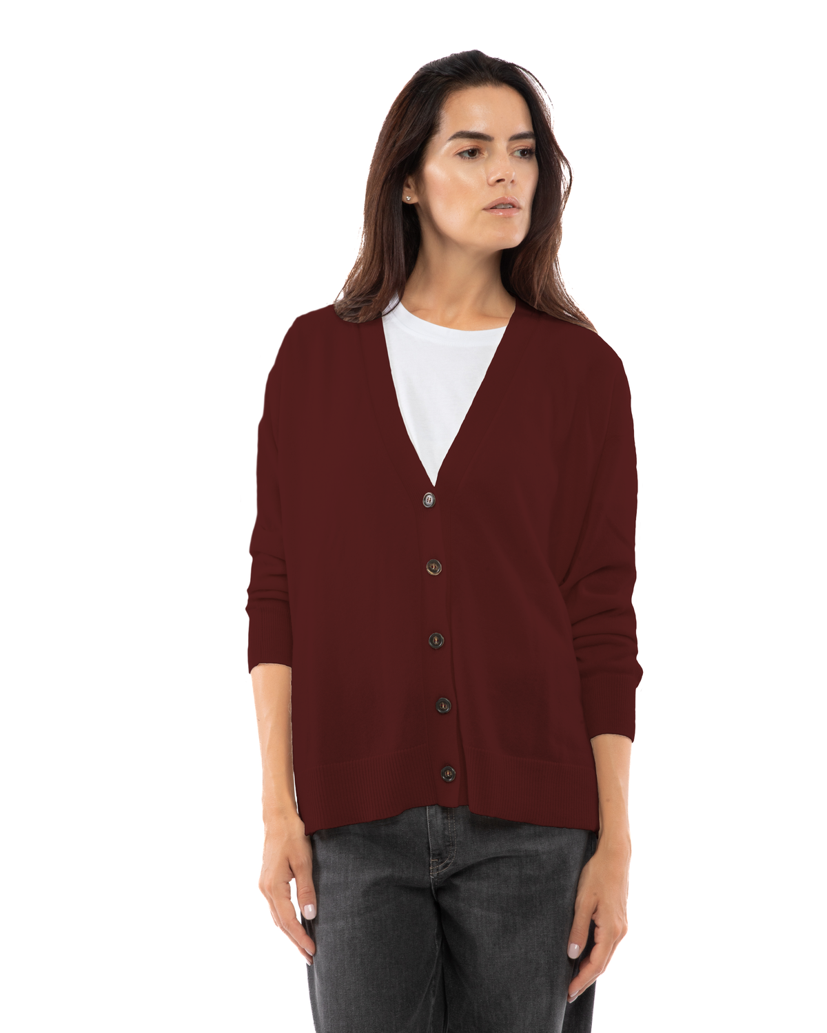 Women's cashmere oversized cardigan in Bordeaux, front portrait view on model