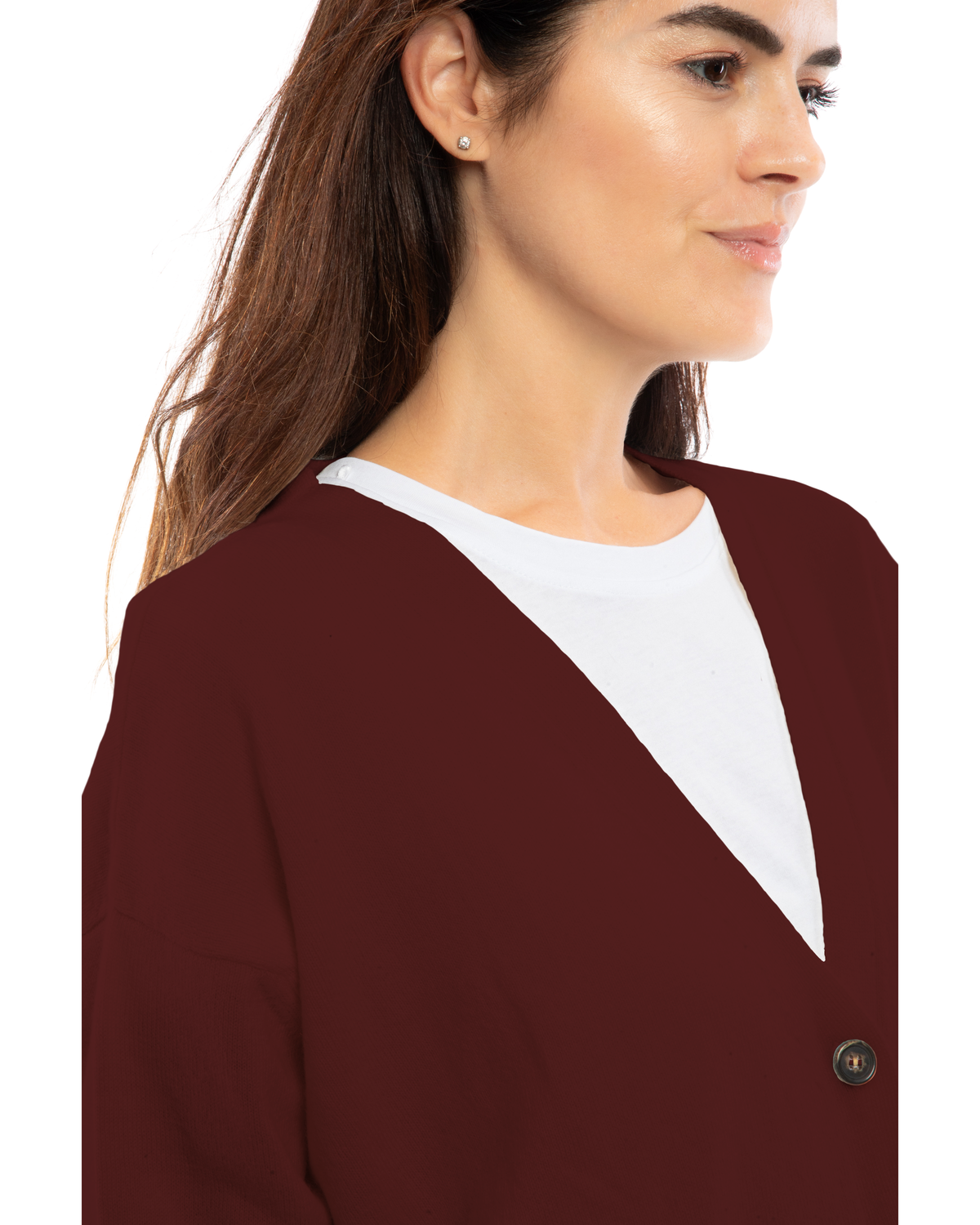 Women's cashmere oversized cardigan in Bordeaux, close-up of the V neckline and button front