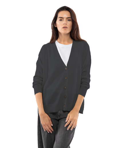 Women's cashmere oversized cardigan in Charcoal, front portrait view on model
