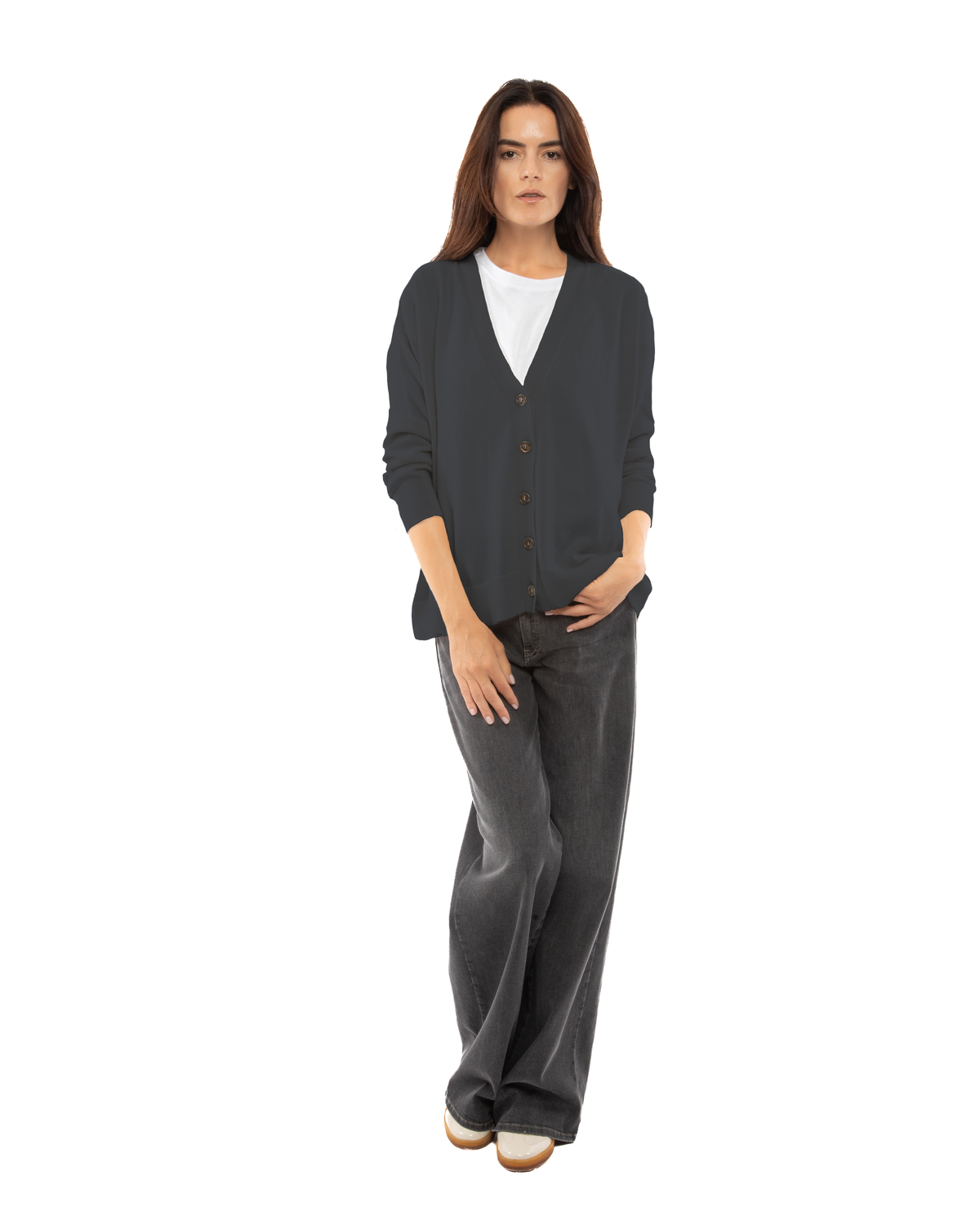 Women's cashmere oversized cardigan in Charcoal, full-length front view on model