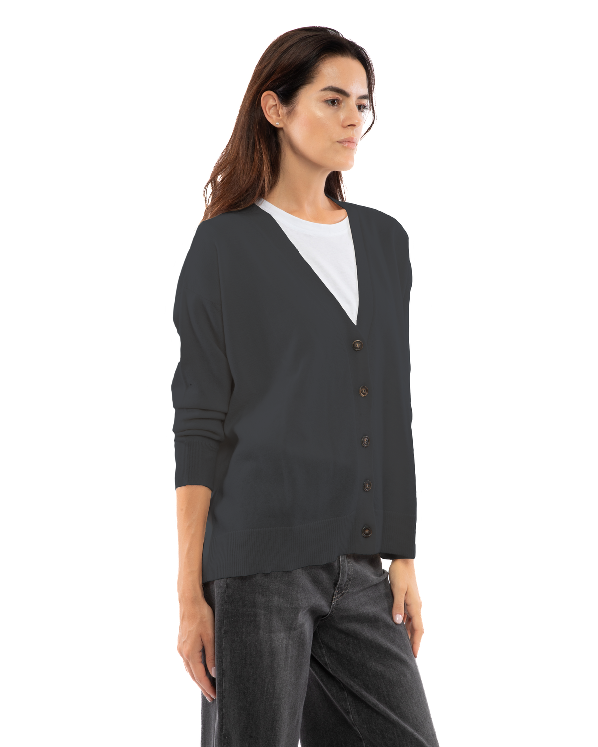 Women's cashmere oversized cardigan in Charcoal, three-quarter front view on model