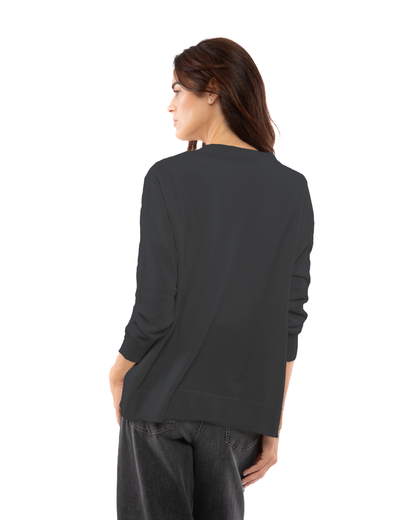 Women's cashmere oversized cardigan in Charcoal, back view on model