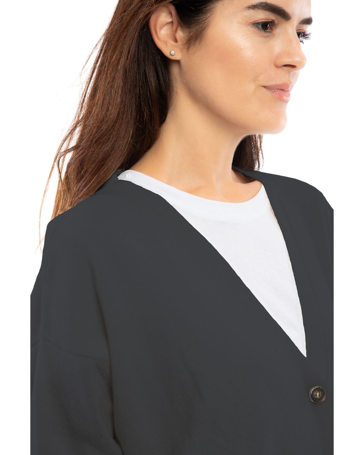 Women's cashmere oversized cardigan in Charcoal, close-up of the V neckline and button front