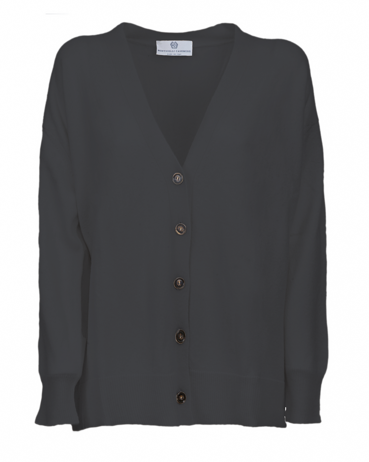 Women's cashmere oversized cardigan in Charcoal, front garment view showing the V neckline and button closures