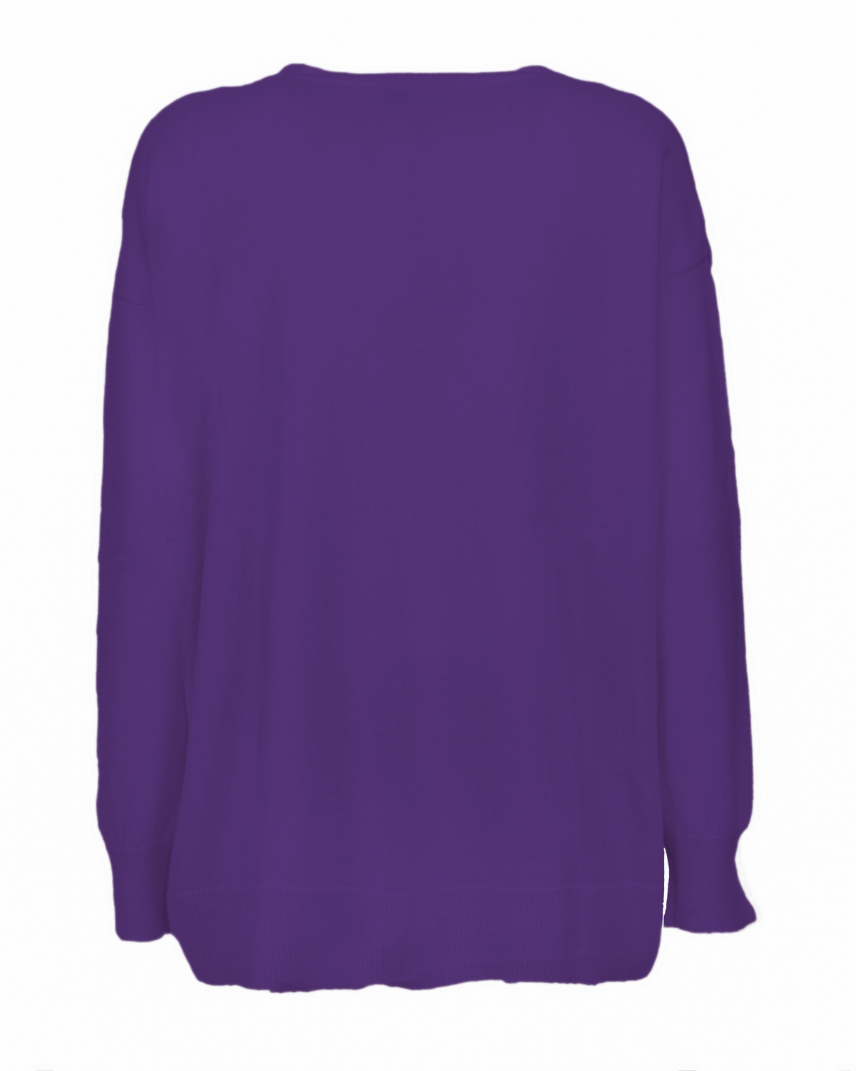 Women's cashmere oversized cardigan in Iris Purple, back garment view showing the relaxed shape and hem
