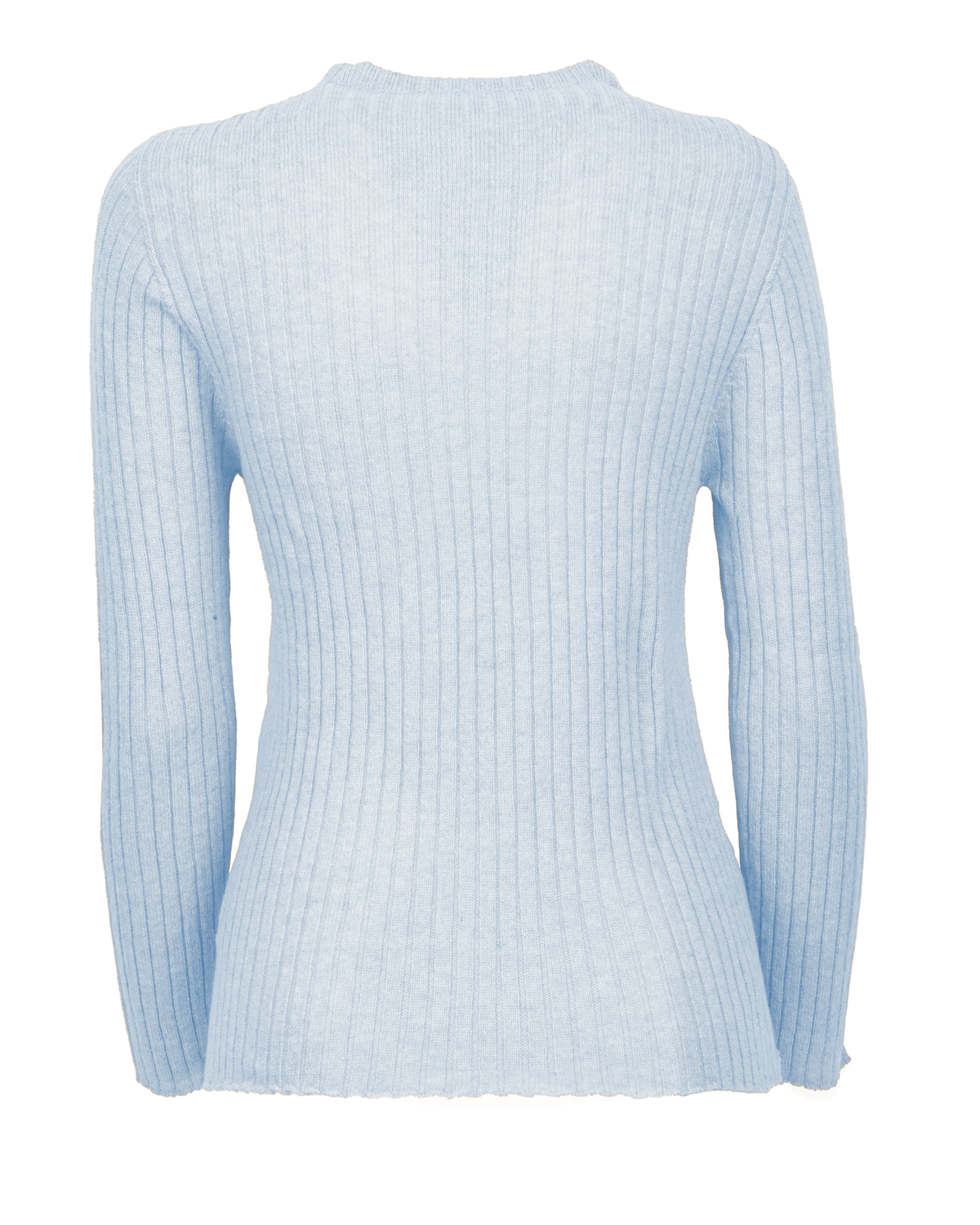 Baby blue cashmere vertical rib crew-neck sweater, front view laid flat
