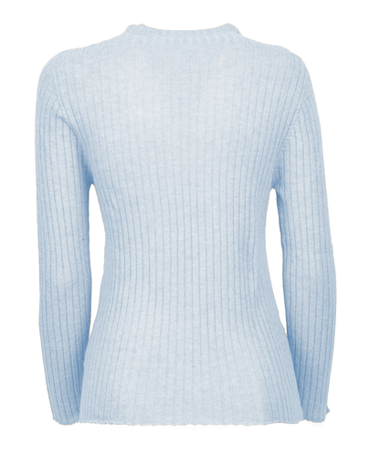 Baby blue cashmere vertical rib crew-neck sweater, front view laid flat