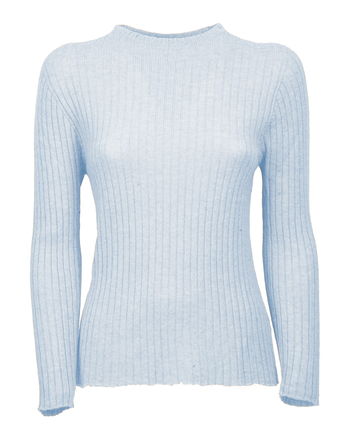 Baby blue cashmere crewneck sweater displayed to show its vertical ribbing