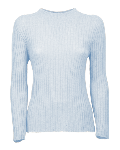 Baby blue cashmere crewneck sweater displayed to show its vertical ribbing