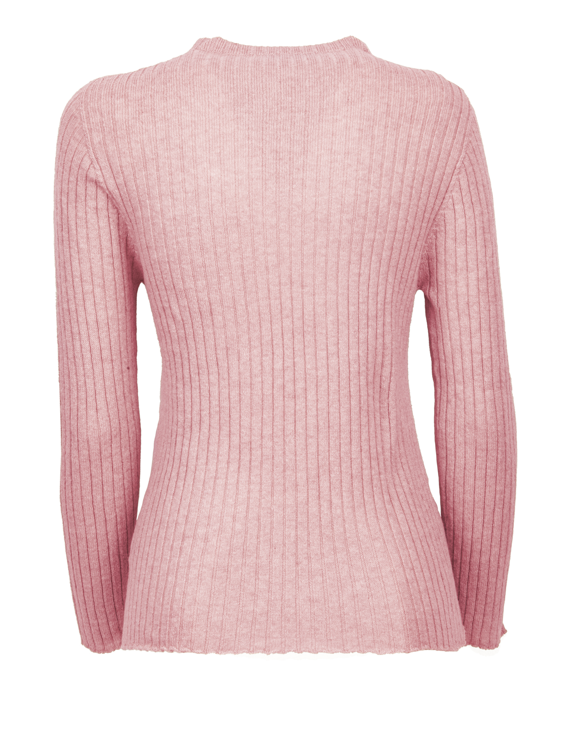 Cashmere vertical rib crewneck sweater in baby pink, back view
