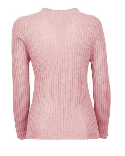 Cashmere vertical rib crewneck sweater in baby pink, back view