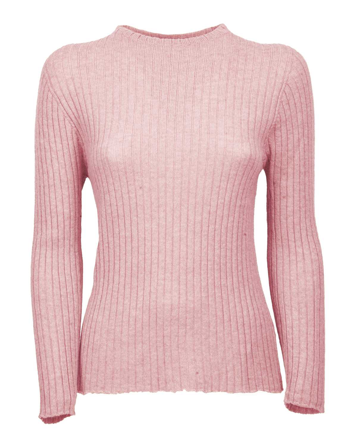 Baby pink cashmere vertical rib crewneck sweater, on a white background.