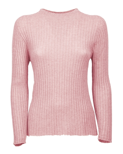 Baby pink cashmere vertical rib crewneck sweater, on a white background.