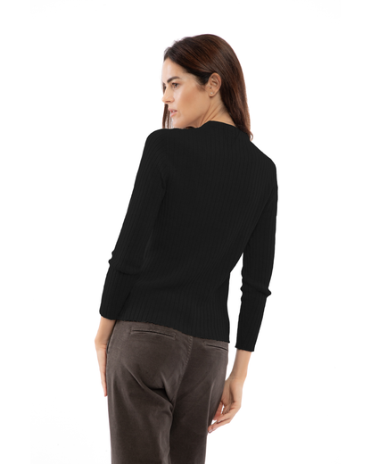 Black cashmere vertical rib crew-neck sweater, back view on a model