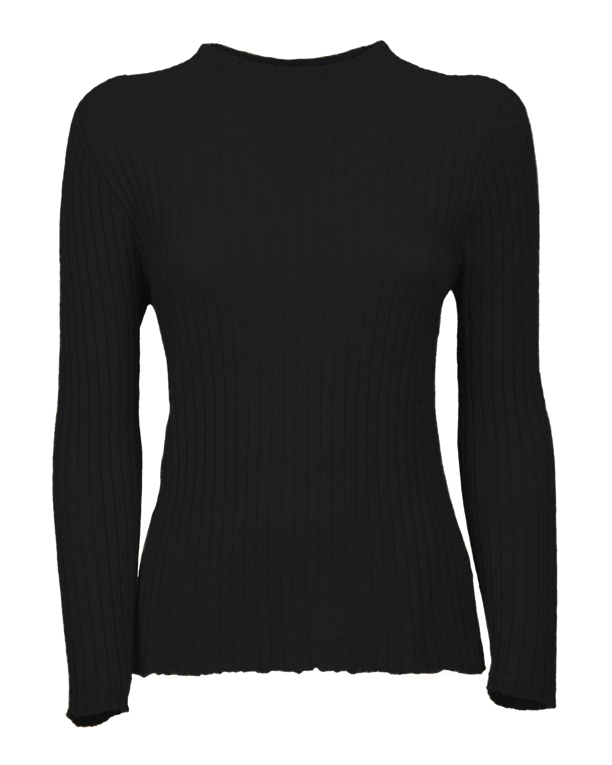 Cashmere vertical rib crewneck sweater in black, front view