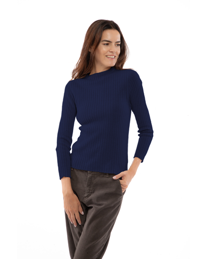 Women's Cashmere Vertical Rib Crewneck Sweater Blue — view 1