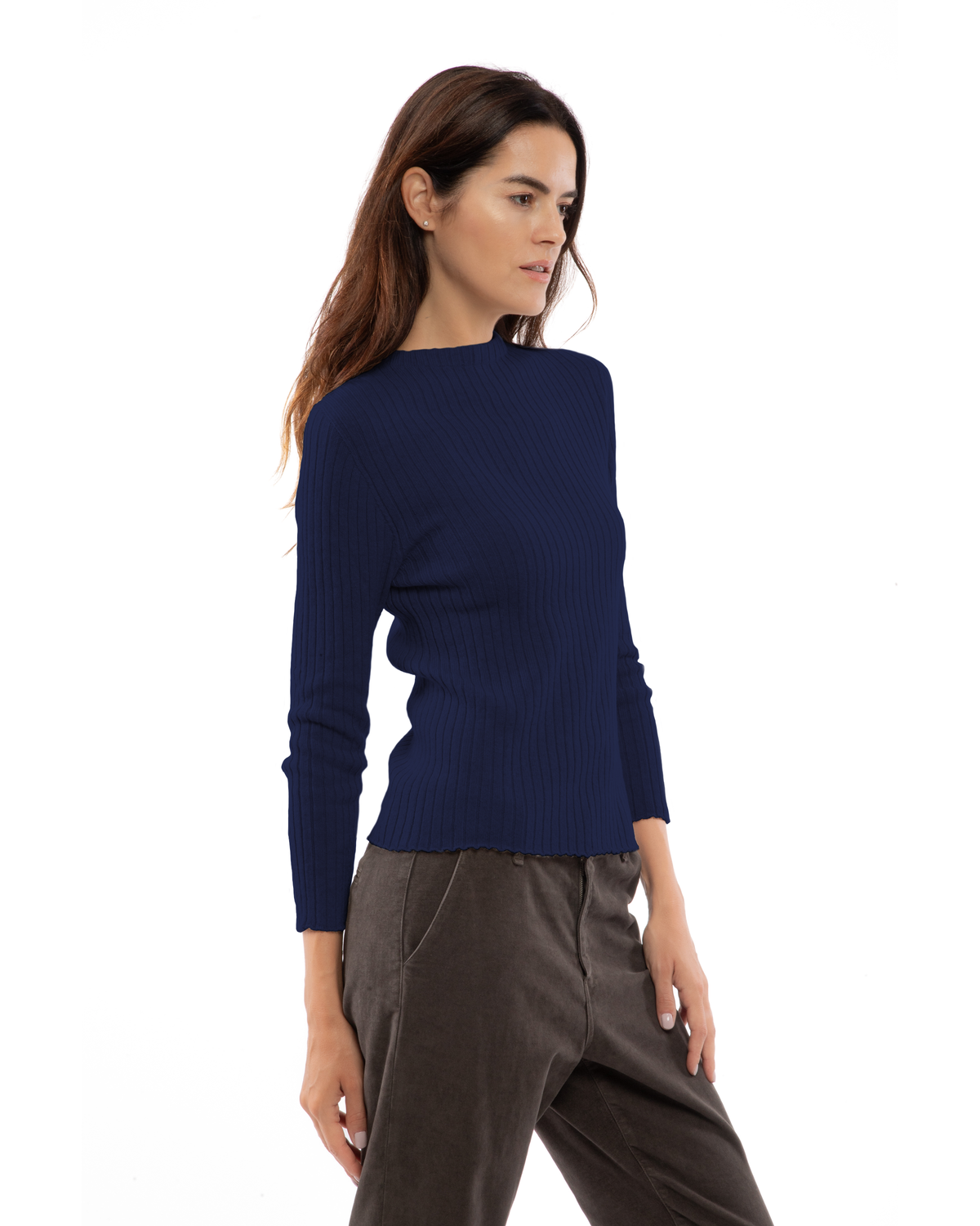 Women's Cashmere Vertical Rib Crewneck Sweater Blue — view 3