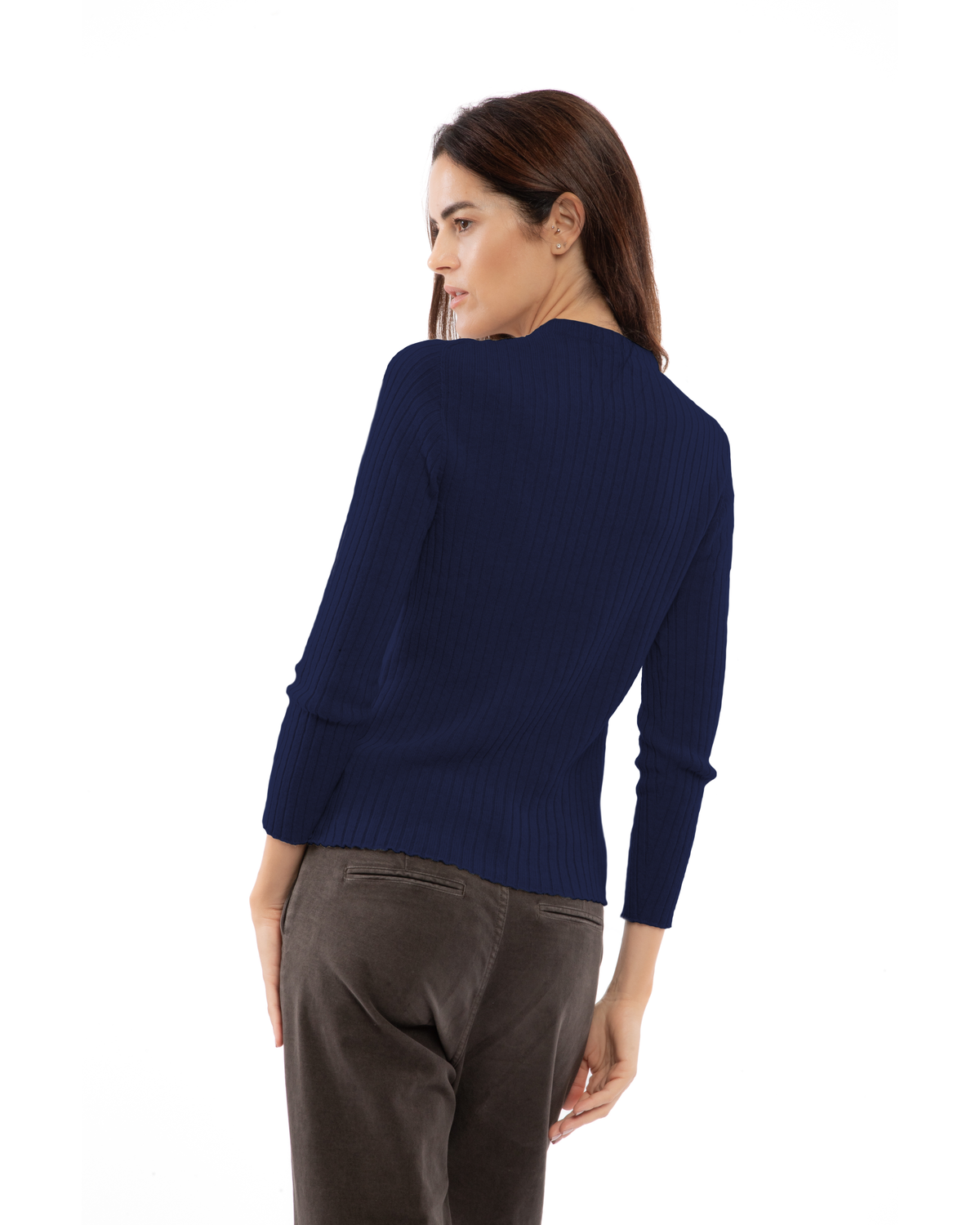 Women's Cashmere Vertical Rib Crewneck Sweater Blue — view 4