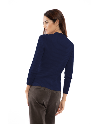 Women's Cashmere Vertical Rib Crewneck Sweater Blue — view 4