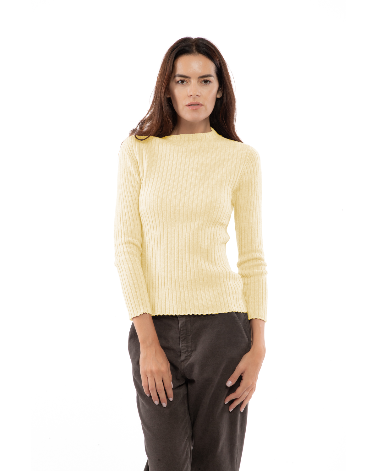 Women's Cashmere Vertical Rib Crewneck Sweater Butter Yellow — view 1