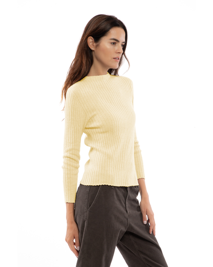 Women's Cashmere Vertical Rib Crewneck Sweater Butter Yellow — view 3