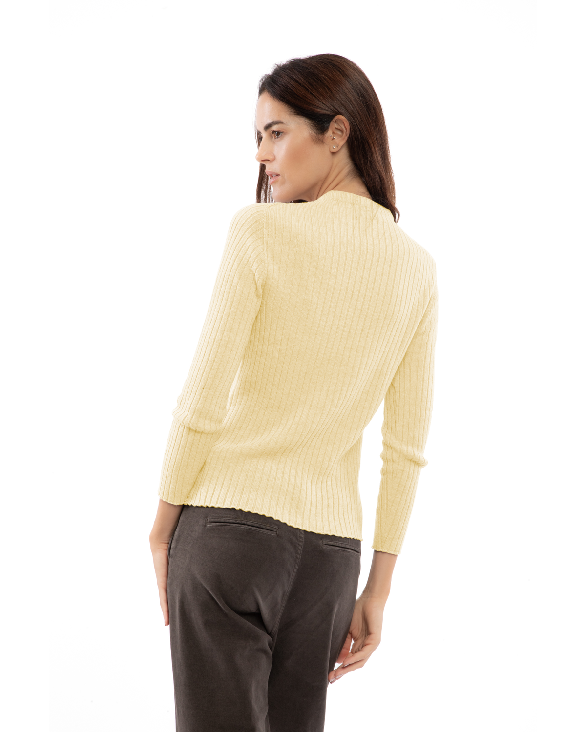 Women's Cashmere Vertical Rib Crewneck Sweater Butter Yellow — view 4