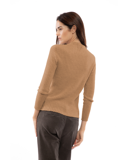 Camel cashmere ribbed crewneck sweater, shown from behind on a model.