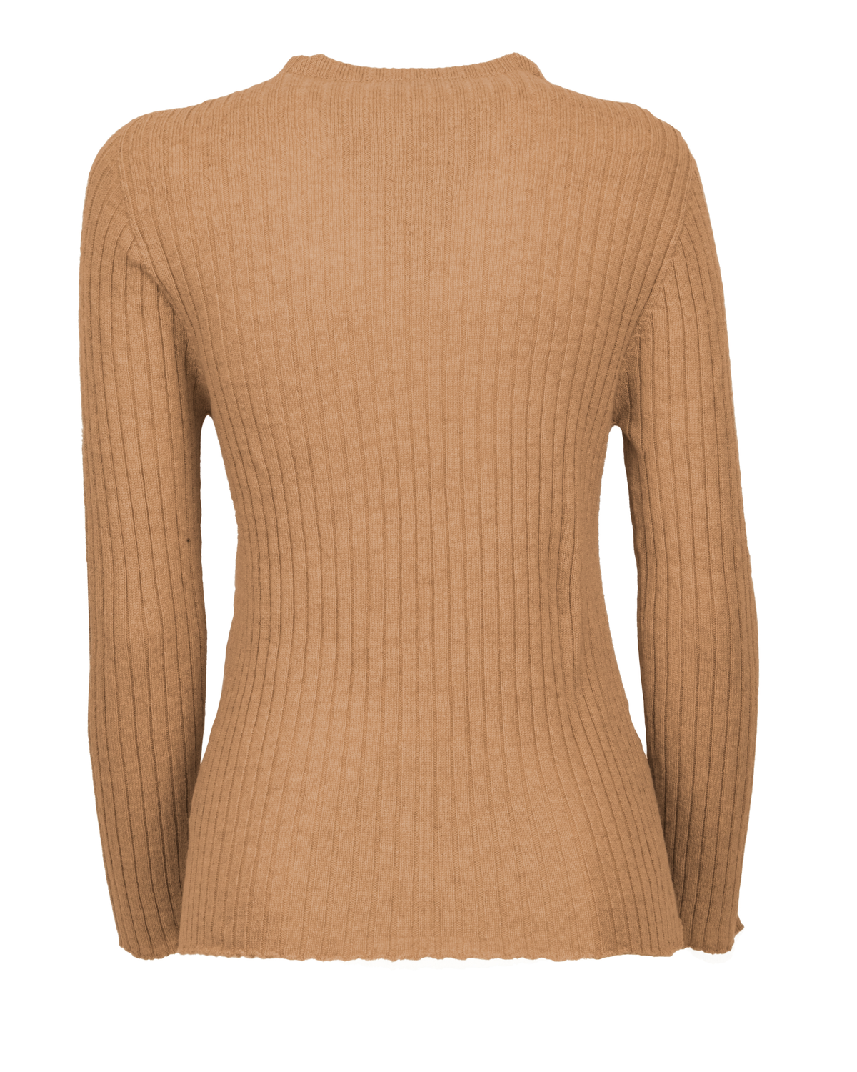 Camel cashmere vertical rib crewneck sweater, front view.