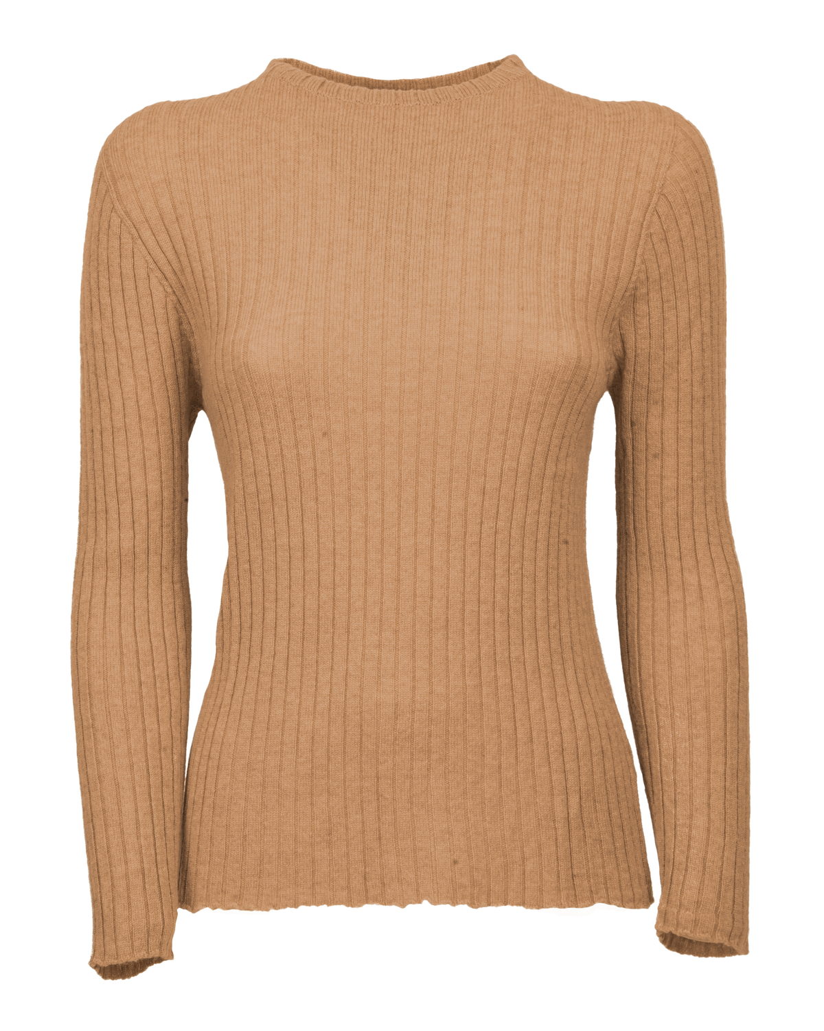 Camel cashmere vertical rib crew-neck sweater, front view laid flat
