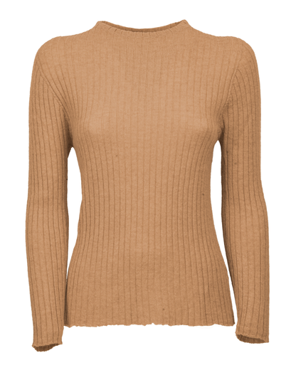 Camel cashmere vertical rib crew-neck sweater, front view laid flat