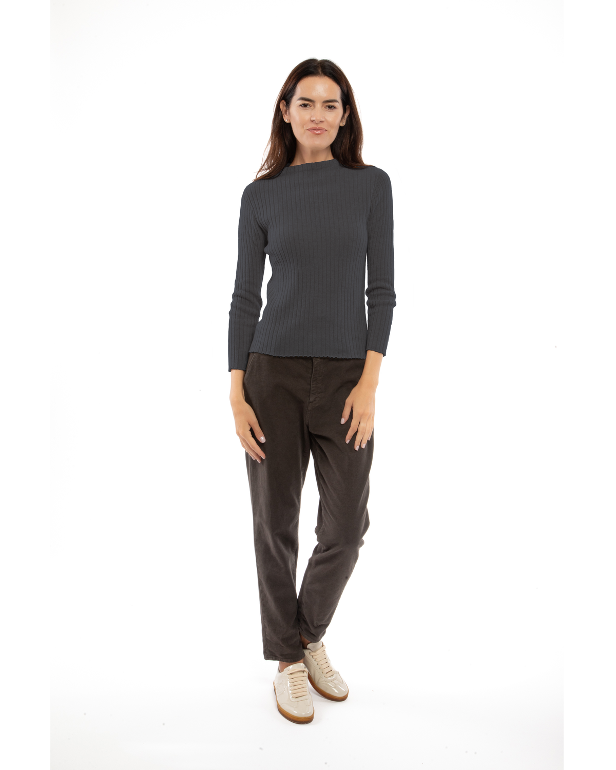 Women's Cashmere Vertical Rib Crewneck Sweater Charcoal — view 2