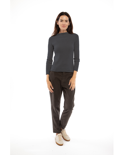 Women's Cashmere Vertical Rib Crewneck Sweater Charcoal — view 2