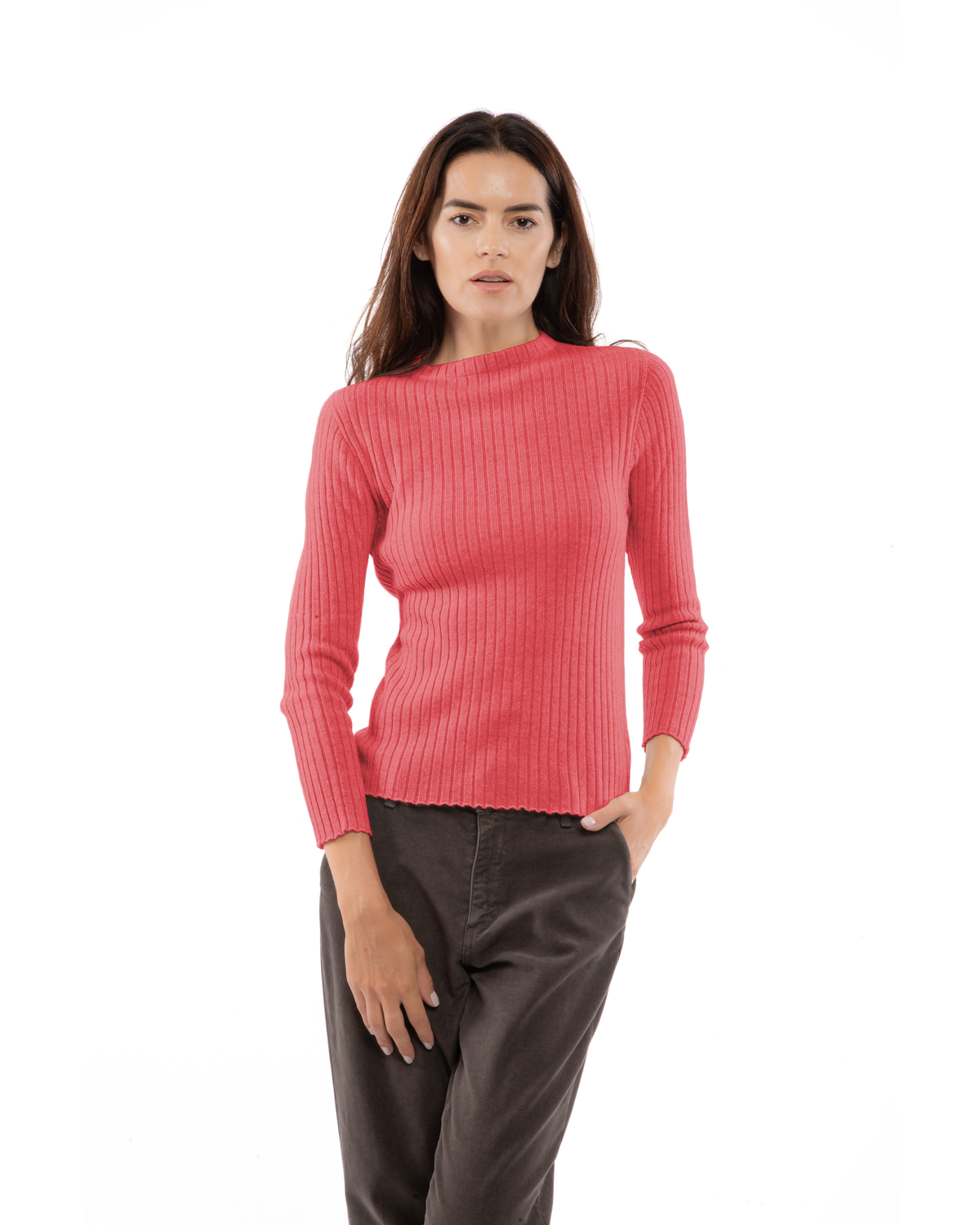 Women's Cashmere Vertical Rib Crewneck Sweater Coral Red — view 1