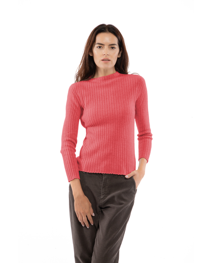 Women's Cashmere Vertical Rib Crewneck Sweater Coral Red — view 1