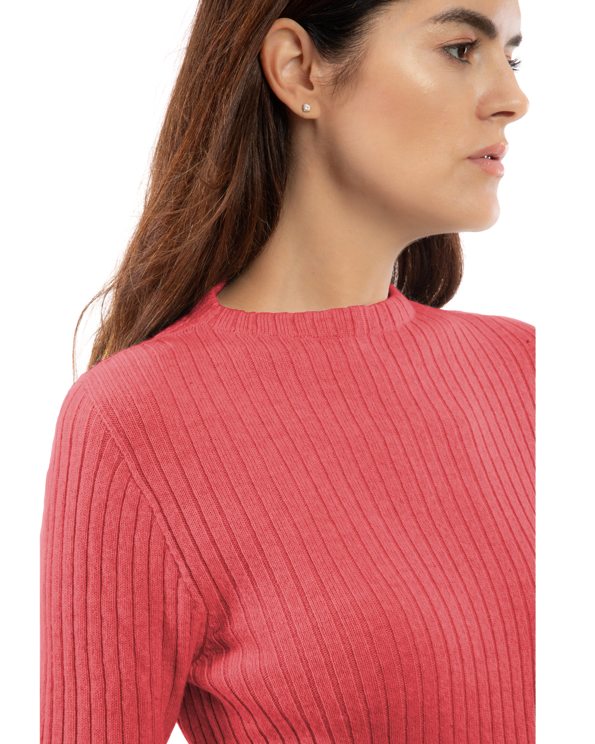 Women's Cashmere Vertical Rib Crewneck Sweater Coral Red — view 5