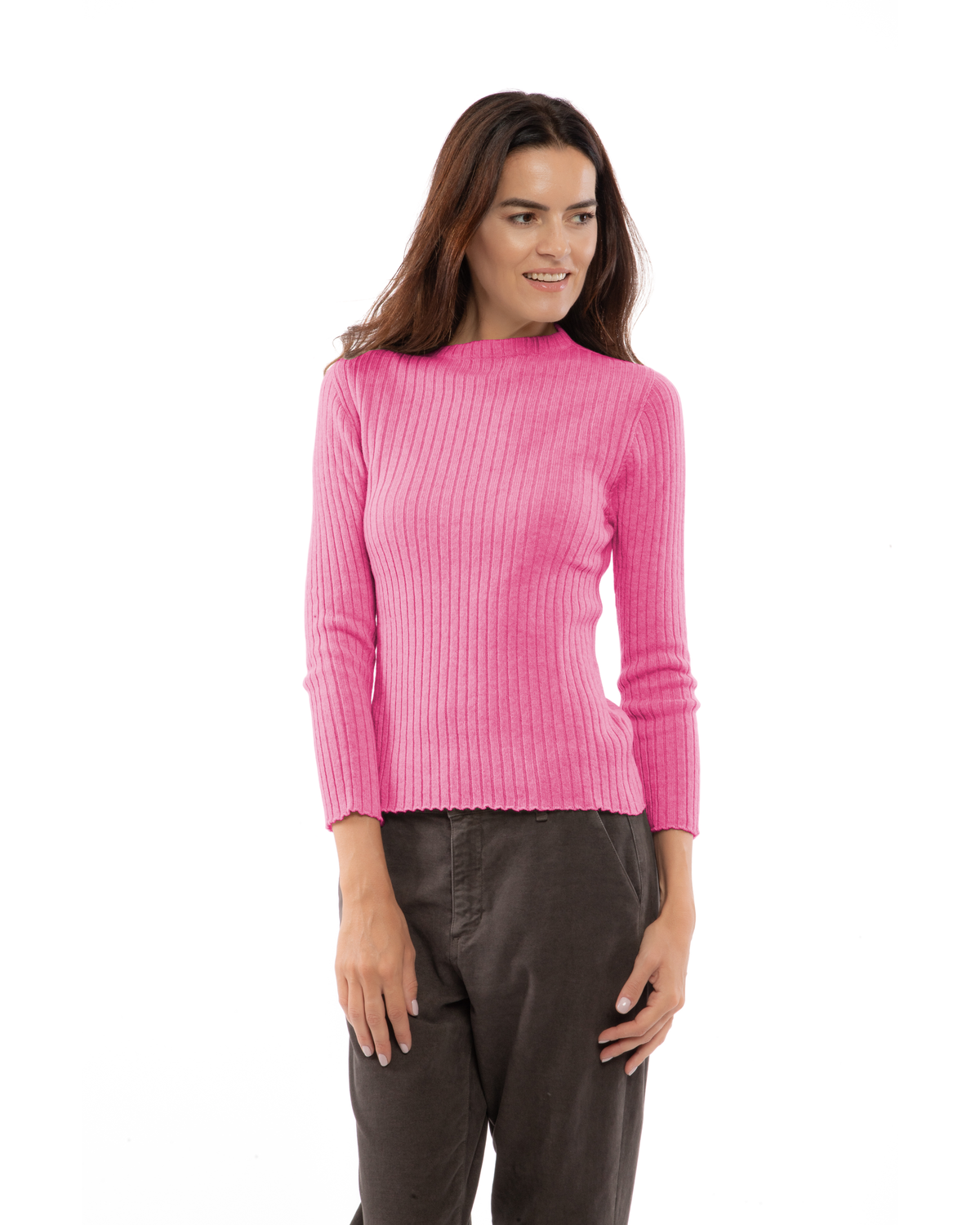 Women's Cashmere Vertical Rib Crewneck Sweater Fuchsia — view 1
