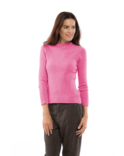 Women's Cashmere Vertical Rib Crewneck Sweater Fuchsia — view 1