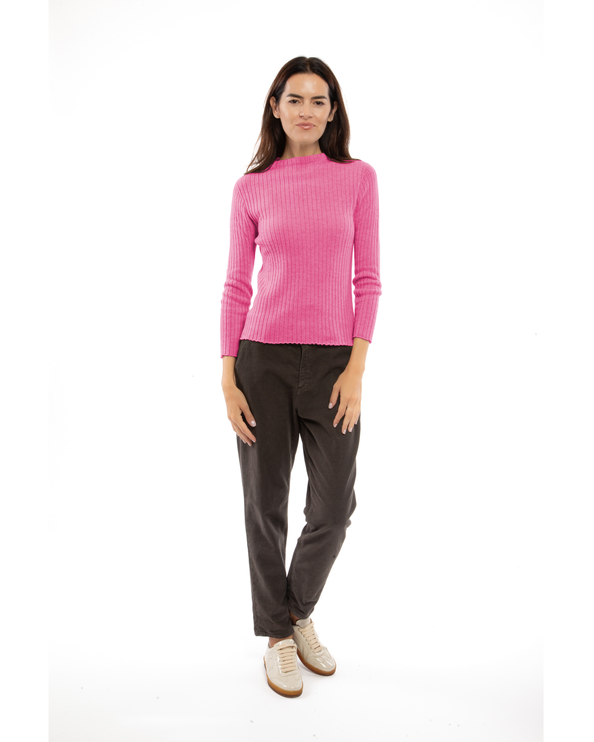 Women's Cashmere Vertical Rib Crewneck Sweater Fuchsia — view 2