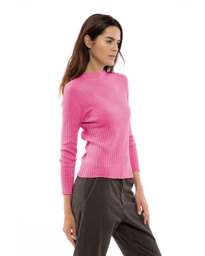 Women's Cashmere Vertical Rib Crewneck Sweater Fuchsia — view 3