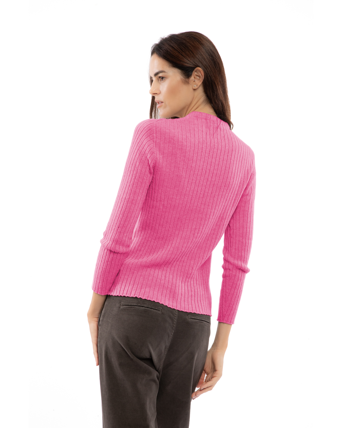 Women's Cashmere Vertical Rib Crewneck Sweater Fuchsia — view 4