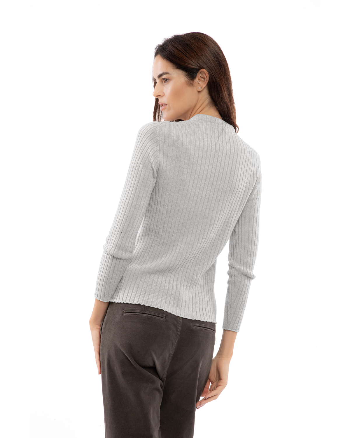 Women's Cashmere Vertical Rib Crewneck Sweater Light Gray — view 4