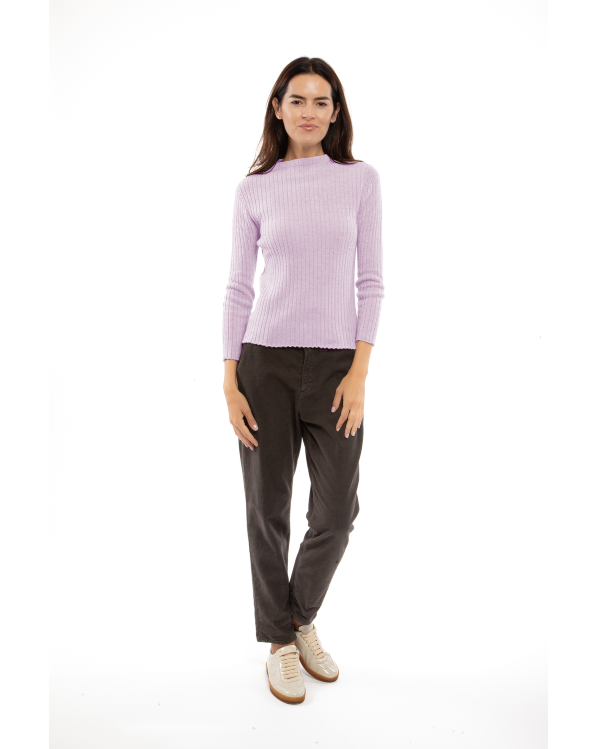 Model wearing the lilac cashmere vertical-rib crewneck sweater