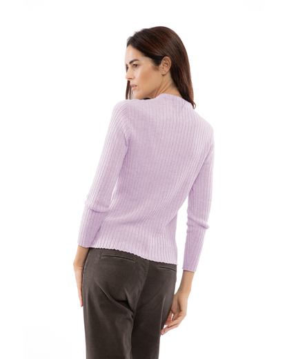 Lilac cashmere vertical rib crewneck sweater, back view on a model.
