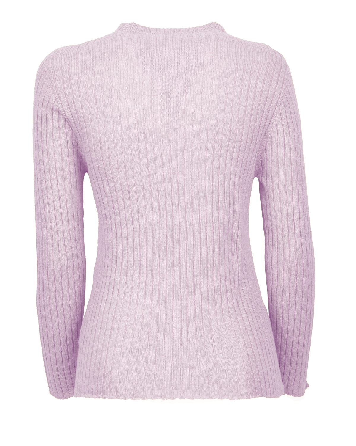 Back view of the lilac cashmere vertical-rib crewneck sweater