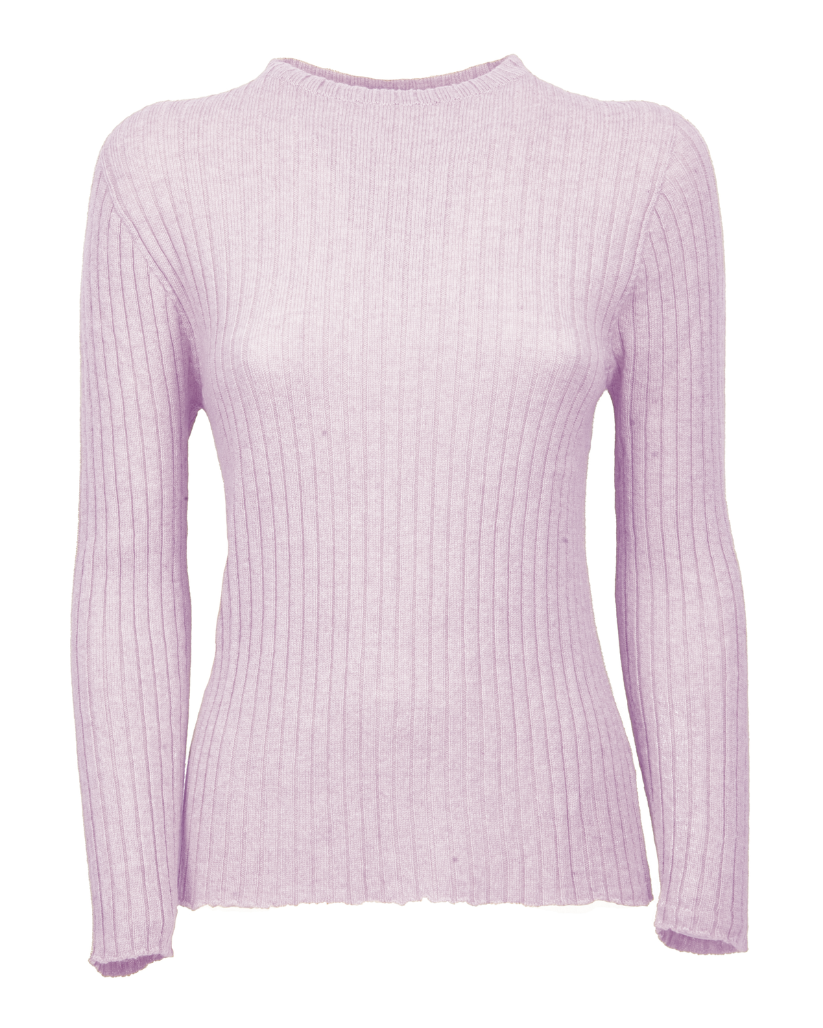 Lilac cashmere ribbed crewneck sweater, shown from the front.