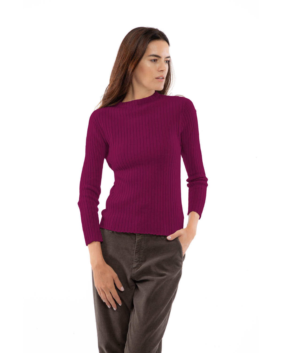 Women's Cashmere Vertical Rib Crewneck Sweater Magenta — view 1
